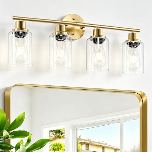 Image of 4-Light Gold Bathroom Light Fixtures, E26 Modern Vanity Lights for Bathroom with Clear Glass Shade, Wall Lamps for Mirror Hallway Kitchen Cabinet Living Room Sconces Lights