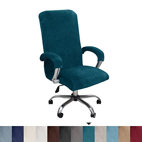 Bestenrose Velvet Office Chair Cover Stretch Computer Desk Armchair Cover Slipcover Replacement Washable Rotating Universal Chair Covers with Arm Cover (Malachite blue