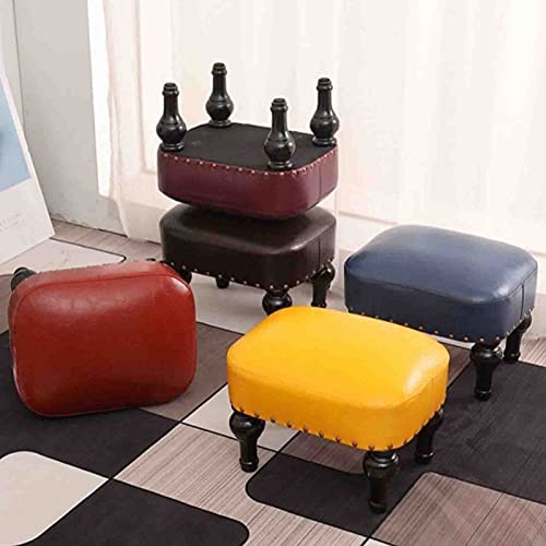 Tabouret en cuir marron vintage et bois massif pour salon - 6