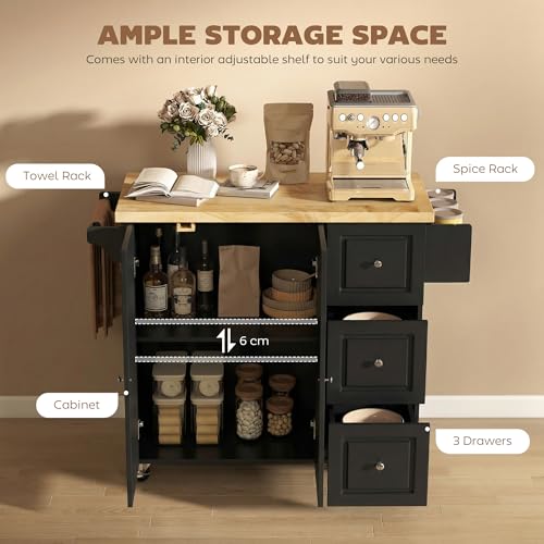 HOMCOM Kitchen Island on Wheels, Rolling Kitchen Storage Trolley with Drop Leaf, Rubber Wood Top, Drawers, Adjustable Shelf, Towel and Spice Rack for Dining Room, Black - Image 3