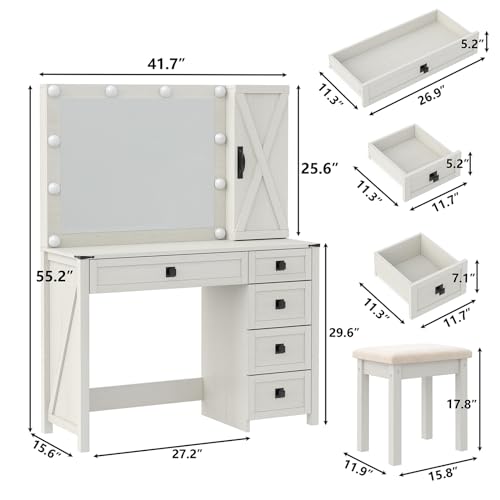 Furniouse 42' Large Makeup Vanity Desk with Mirror and Lights, Ample Cabinet Storage and 5 Drawers,Farmhouse Vanity Table Set for Bedroom White, Stool Included