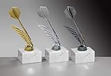 Henecka 🎯 Dart-Pokal, Dart-Trophäe, Dartpfeil-Figur auf Marmorsockel, mit Wunschgravur, wählbar in 3 Farben (Silber)
