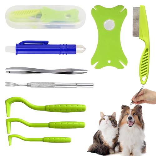 Cuworlis Tick Removal Tool 8 in 1 with Storage Box, Flea Comb, Magnifying Glass, Tick Tweezers, Dog Tick Remover Tool Tick Removal Kit Tick Removal Tool for Dogs Cats Pet Tick Comb