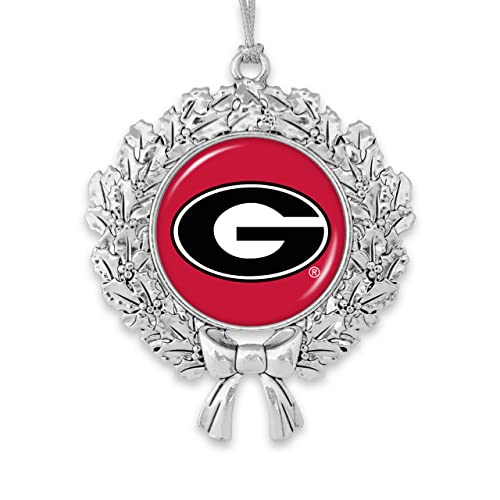From the Heart Enterprises Georgia Bulldogs Wreath with Team Logo Silver Metal Christmas Ornament Gift Tree Decoration UGA