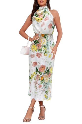 Image of Women's Satin Maxi Dress Summer Formal Wedding Guest Cocktail Dress | Mock Neck Sleeveless,Elegant Silk Midi Long Dress,High Neck,Halter,Aline,Bridesmaid,Bridal Shower Guest,Garden Party,Dinner