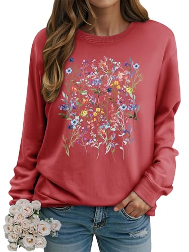 Dresswel Sudadera para mujer vintage inspirada en flores botánicas, cuello redondo, manga larga, algodón, otoño, invierno, manga larga, tops, 1 rojo sandía, L
