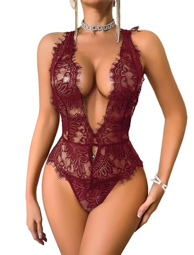 Avidlove Women One Piece Lingerie Lace Bodysuit Deep V Teddy Mini Babydoll (Medium, Burgundy)