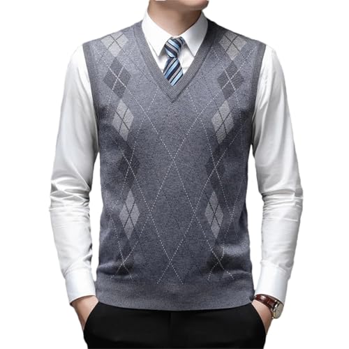 Men 25.2% Wool Knit Sleeveless Sweater Cardigan Tank V Neck For Checkered Casual Retro Vintage Vest