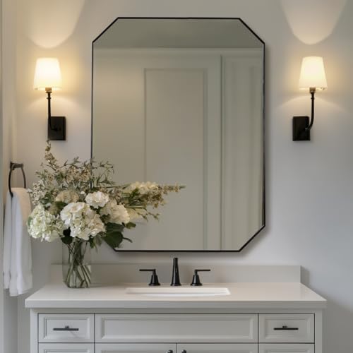Image of ANDY STAR Black Octagon Bathroom Mirror, 30x40 Inch Stainless Steel Metal Frame, Anti-Rust, Shatterproof HD Glass, Wall Mounted for Bathroom, Bedroom, Living Room