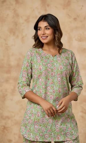 Image of Women's Pure Cotton Printed Night Suit,Top and Relaxed Pajama Set, Stylish Sleepwear