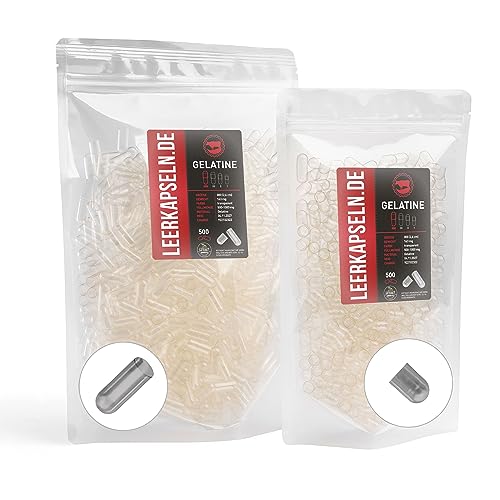 500 pezzi – Dimensione 000 – Capsule Caps – Capsule capsule separate – Capsule vuote di manzo trasparente – Non è necessario aprire prima (500)