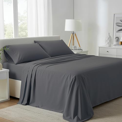 Carressa Linen 100% Egyptian Cotton Queen Sheet Set - 800 High Thread Count Egyptian Cotton Sheets Queen Size (4 PC, Graphite Gray), Soft, Cooling, 16