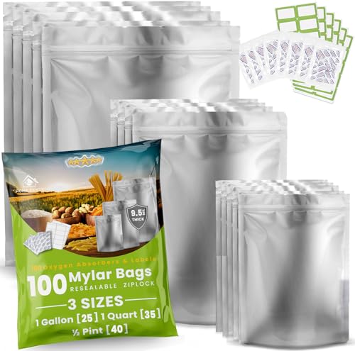 100 bolsas de Mylar para almacenamiento de alimentos, extragruesas de 10 mil, galón/cuarto de galón/pinta, bolsas de Mylar con absorbentes de oxígeno de 400 cc, bolsas de Mylar resellables con