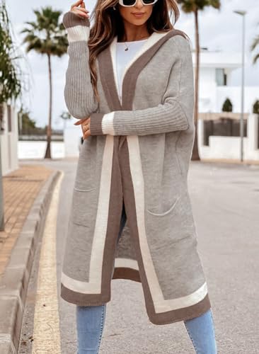 chouyatou Women's Color Block Vertical Striped Open Front Oversized Hooded Long Cardigan Sweaters with Pockets (Medium, Apricot Khaki)