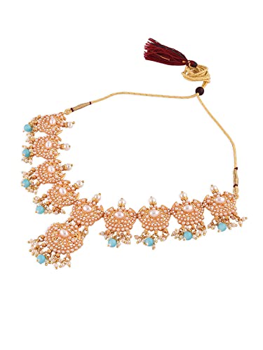 Image of ZAVERI PEARLS Blue Beads Drop Ethnic Pearls Studded Necklace Earring & Ring Set For Women-ZPFK13649