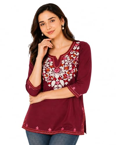 Image of Women's Gulnar Pure Cotton Kashmiri Embroidered A-line 3 /4 Cuff Sleeves Kurti | Short Kurta