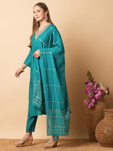 Image of Naixa Women's Chanderi Viscose Embroidered Straight Kurta with Pant and Dupatta Sets (NX-S-Amayra)
