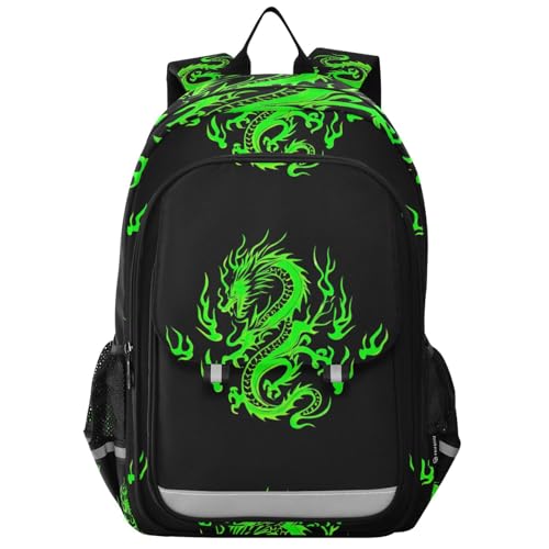 Green Dragon Black Backpack for School Boys Girls, Front Flap School Bag, 17 Inch Durable Backpack for Kids, Age 6-12