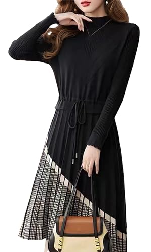 LAI MENG FIVE CATS Women Stripe Crew Neck Drawstring Knit Long Sleeve Pullover Fall Casual Dress