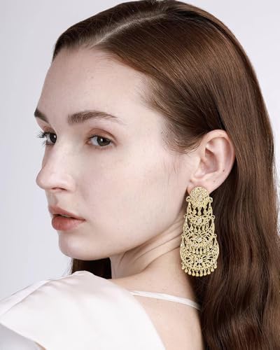 Extra Big Long Tassel Dangling Earring for Women Wedding Statement Crystal Stunning Tiny Flower Beaded Chandelier Gold Plated Earrings Indian Boho Traditional Bride Party Wear Festival Holiday Jewelry Gift3