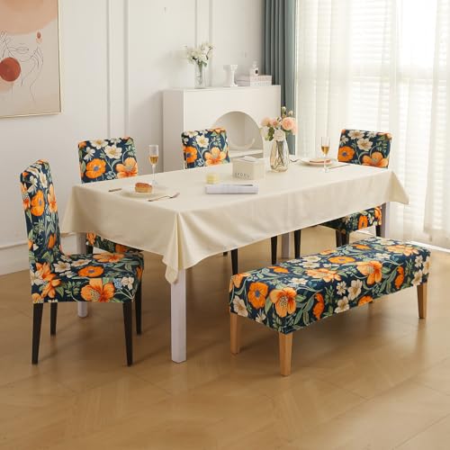Image of HOKIPO Premium Printed Velvet Dining Chair Cover Set of 4 with 1 Bench Cover, Teal Twilight Garden (AR-5799-D2)