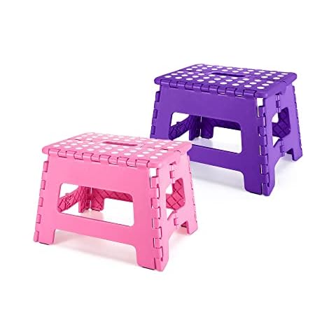 Dyforce Non-Slip Folding Step Stool - 9 inch Height Heavy Duty Foldable Stool for Adults Kids, Small Step Stool Camping Stepping Stool - Pink&Blue Cover