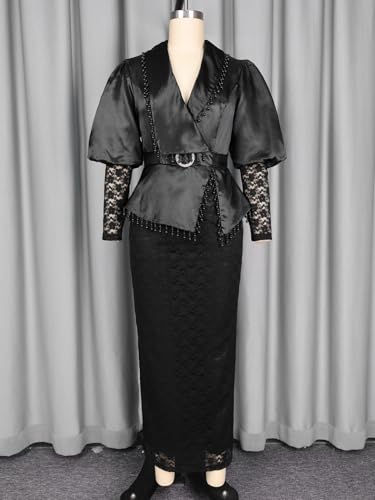 Image of ONTINVA Women's Floral Lace Long Sleeve Patchwork Mesh Slim Pencil Midi Dress