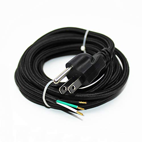 18/3 10Ft Vintage Electrical Wire with Plug Lamp Cord Rayon Covered Braided Black 18 AWG 3 Conductor 10 Feet Flexible Fabric Pendant Lighting Power Antique Cable(10A)