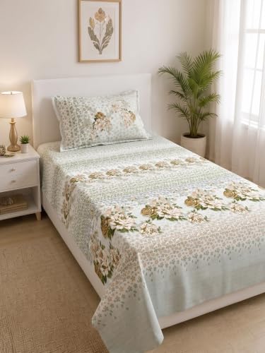 Image of Mafatlal 186 TC Spring Glory 100% Cotton Single Flat Bedsheet | 60 x 90 Inches | Soft & Breathable Floral Printed Bed Linen | Includes 1 Matching Pillow Cover | Meadow Green