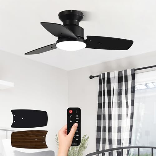 30 Inch Ceiling Fans with Lights and Remote Bedroom Living Room Office Flush Mount 6CCT Dimmable Dual Color 3 Blades 6 Speed Reversible Quiet DC Motor Black/Wood Grain