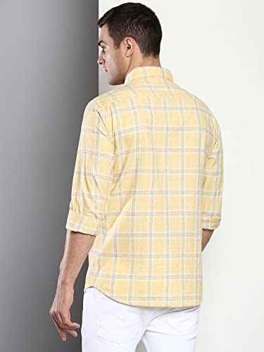 Image of Dennis Lingo Men's Checkered Slim Fit Cotton Linen Casual Shirt with Button-Down Collar & Full Sleeves