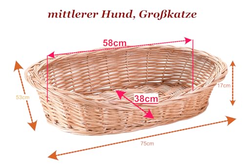 Wiklinowy Świat - Hundebett Weidenkorb Katzenbett für Hunde und Katzen, Weidenbett für Haustiere - Natürlich warm, atmungsaktiv und stilvoll - 75x53x17cm - gepunktetes braunes Kissen