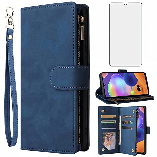 Asuwish Funda tipo cartera compatible con Samsung Galaxy A31, protector de pantalla de vidrio templado y tarjetero con soporte, accesorios para celulares, fundas de teléfono para Glaxay A 31 4G Gaxaly