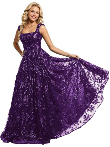 Monlity Formal Dresses Empire Waist A Line Square Neck Sequin Tulle Evening Dress Purple US4