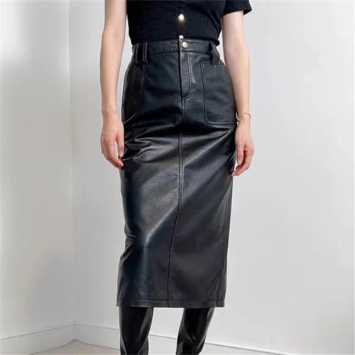 Women Genuine Leather Maxi Skirt Long Length Pencil Style Big Pocket Slit High Waist Fashion Skirt Black2