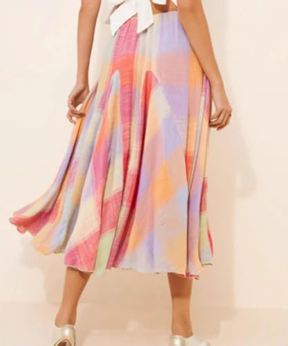 Women Multicolor Plaid Maxi Skirt Color Block Gingham Ruffle Hem Elastic Waist Flowy Skirt Summer Casual Wear2