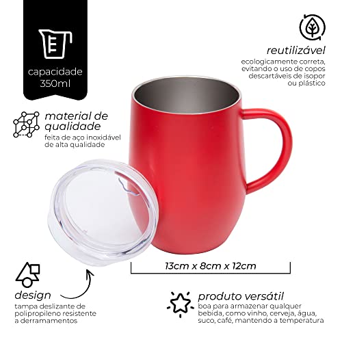 Mimo Style Caneca Térmica Com Alça de Aço Inoxidável Parede Dupla Vermelha 350ml Com Tampa de Polipr
