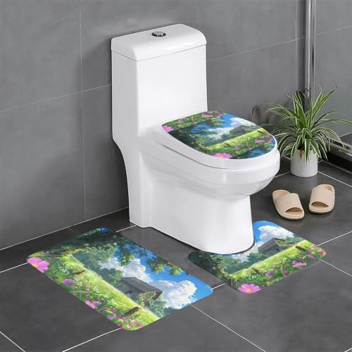 Anti-Slip Floor Mat Set of 3 MSRHIUEF Chalet in The Grassland Stamp U-Shaped Toilet Floor Mat, Tightly Attached, Absorbent & Durable, Thick & Comfortable ﻿