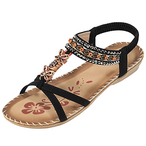 Ablanczoom Women's Flat Sandals Summer Flats With Ankle Strap Elastic Casual Comfortable Bohemian Beaded Slip On Sandals For Women #TOP3