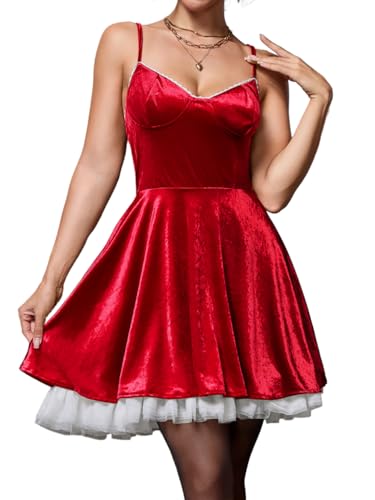 ChiaoLezhee Women's Christmas Velvet Skater Mini Short Dress V-Neck Spaghetti