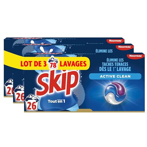 Skip Lessive liquide en capsules Active Clean 3 en 1 - 78 lavages - résultat impeccable et fraîcheur longue durée - sans emballage plastique (lot de 3x26)
