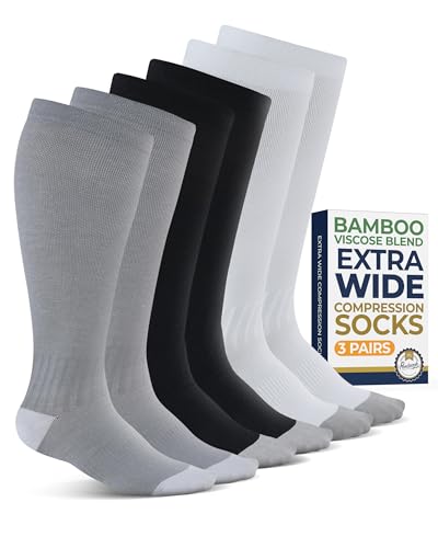 Pembrook 3 Pairs Plus Size Compression Socks Wide Calf - 15-20 mmHg Bamboo Viscose Knee High Socks, Black, White, Gray