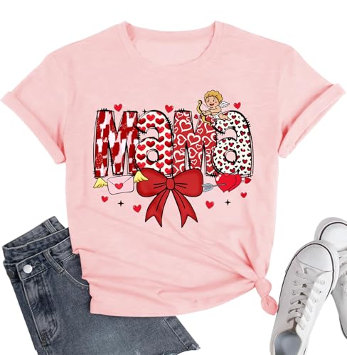 Womens Valentines Shirt-Pink Love Mama Graphic Tshirts Funny Mama Vacation Casual Outfit