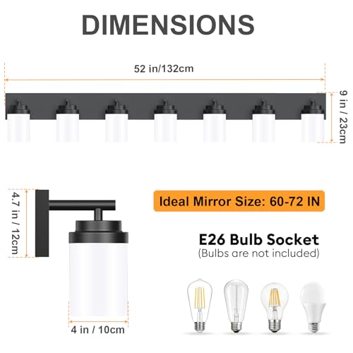 Image of IZORRO Bathroom Vanity Light Fixture, 7-Light 52 inch Matte Black Bathroom Light Fixtures Over Mirror, with White Glass Shade, Modern Farmhouse Vanity Lights, Rustic Restroom Lighting Fixtures