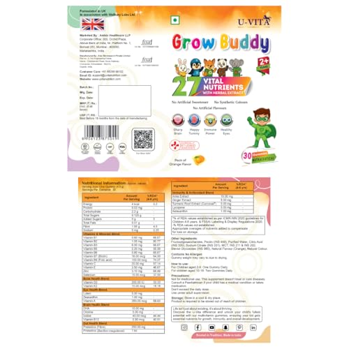 Image of U-VITA Grow Buddy Multivitamin Gummies for Kids (2+ Years) | No Added Sugar | 27 Essential Vitamins, Minerals & Pure herbal extracts | Made in India and Formulated in the UK | 30 Gummies, Orange