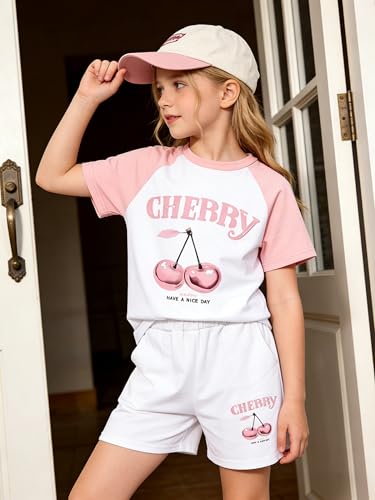 Image of KIDLAGA Girls Two Piece Sets Cherry Pattern Short Sleeve Shirts and Shorts Set With Pockets Girls Summer Outfits Size 7-14