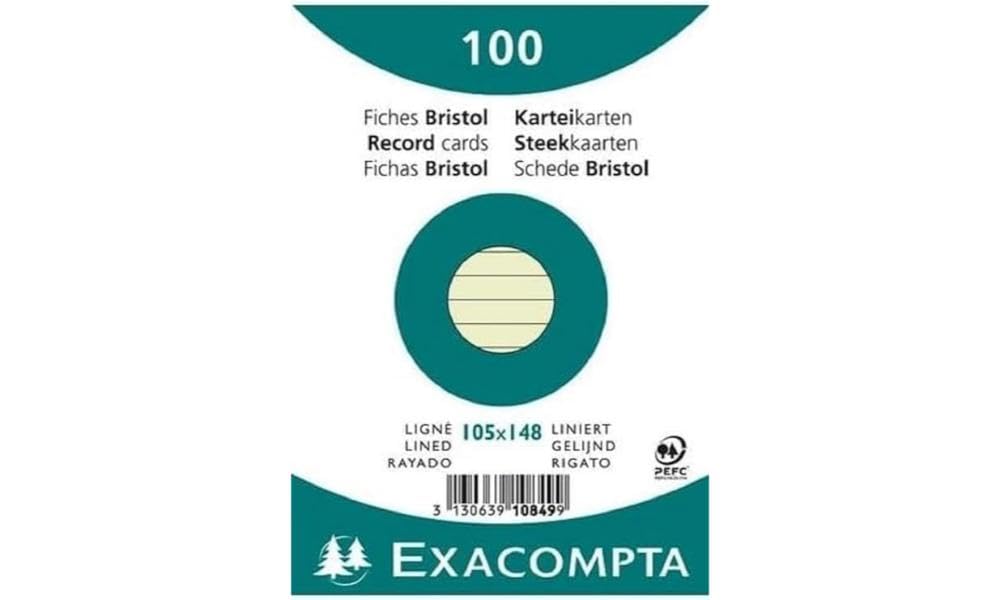 Exacompta - Ref 10849SE - Bristol Lined Record Cards (Pack of 100) - A6 in Size, 205gsm Card, Compatible with Printers - Suitable for Exam Revision & Notes - Green