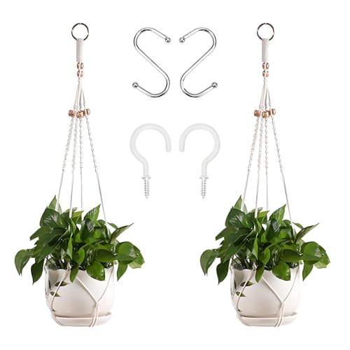 2 Stück 80 cm Makramee Blumenampel Hängend Innen mit 4 Haken, Boho Deko Blumentopf Hängend, Baumwollseil Hängetopf für Pflanzen, Hängeampel für Innen, Außen, Decken, Garten, Balkone, Wanddeko (Weiß)
