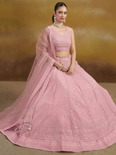 Image of Zeel Clothing Women's Sequins Thread Embroidered Georgette Lehenga Choli With Dupatta (5124-Women-Lehenga-Choli-New; Free size)