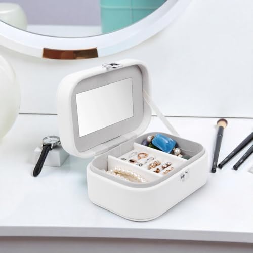 Image of BucketList PU Leather Jewellery Organizer Box with Mirror | Travel-Friendly Jewelry Storage Case with Ring Slots & Secure Lock (Travel Jewellery Box with Mirror (White))
